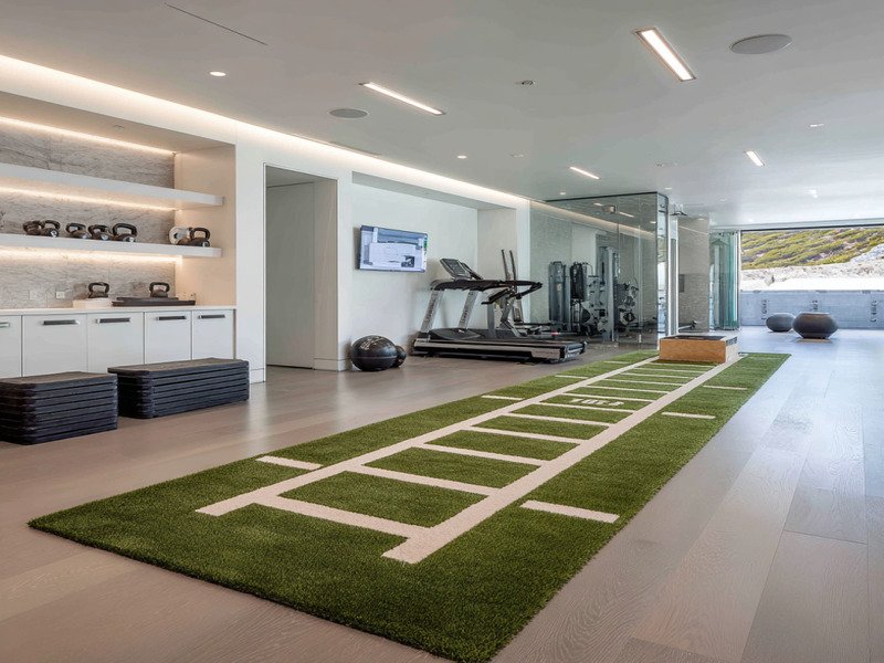 A modern home gym with a green artificial turf track for sled pushes and functional fitness
